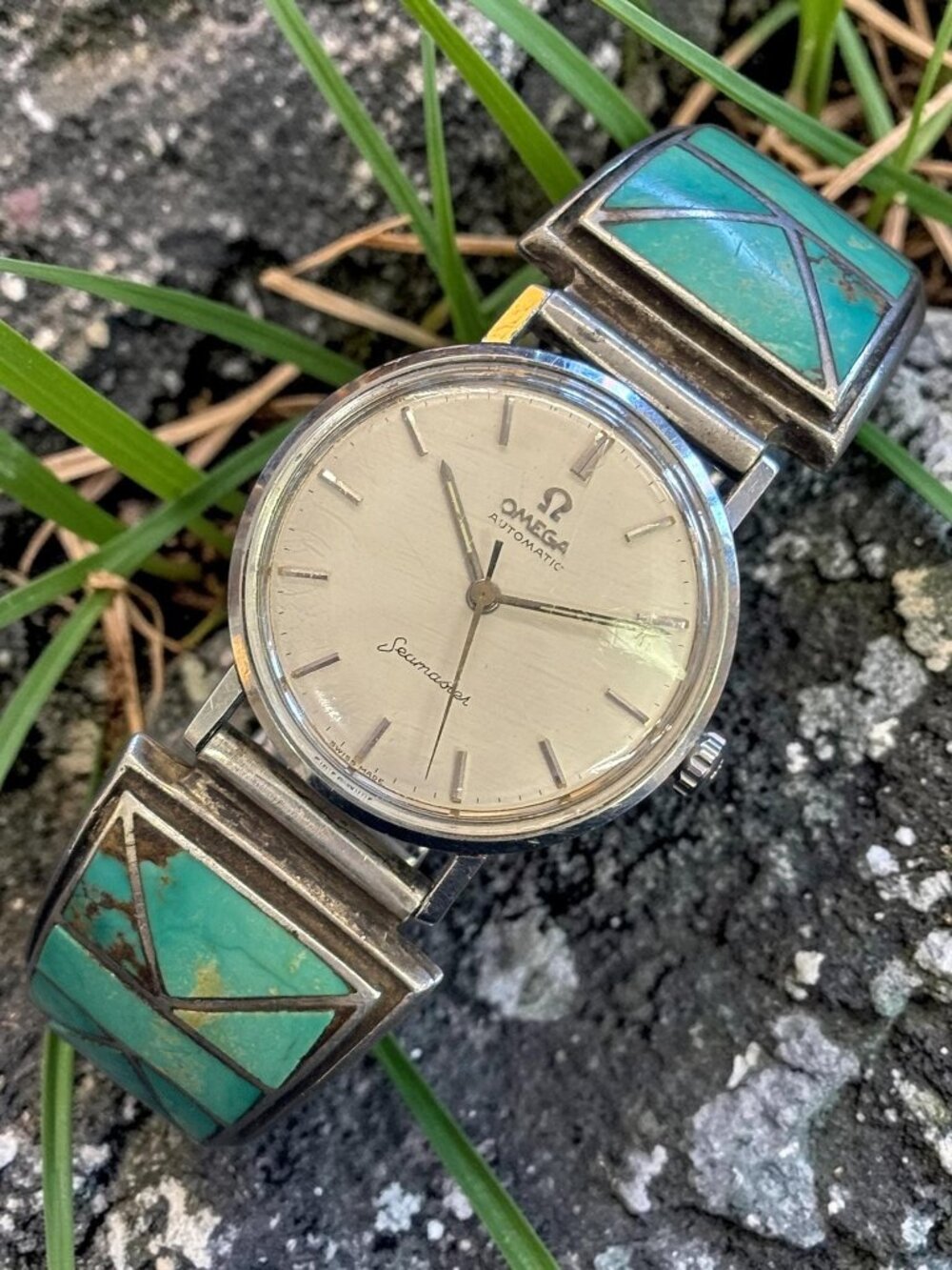 Vintage Omega Seamaster 34mm Watch‎ with Navajo Sterling Silver Turquoise Inlaid